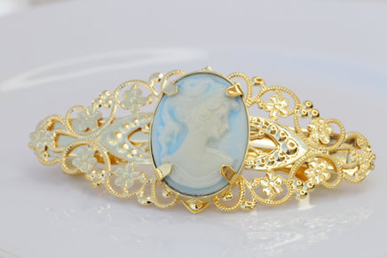 Blue CAMEO HAIR BARRETTE, Filigree Vintage Cameo Hair Barrette, Hair Clip Barrette, Bridal French Barrette, Statement Cameo Barrette Gift