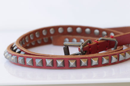 BROWN Leather belt, Metal Studs Leather belt, Dainty leather belt, Thin leather belt for women, Skinny Red leather belt, Narrow leather belt