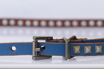 Leather belt, Metal Studs Leather belt, Blue Navy leather belt, Thin leather belt for women, Skinny Red leather belt, Narrow leather belt