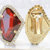 RED clip on earrings, Gold Red clip earrings, Asymmetric Rebeka earrings, Non pierced earrings, Woman Prom earrings, Crystal clip earring