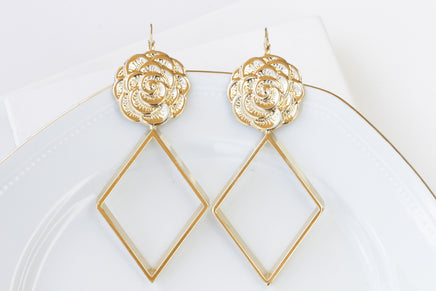 GOLD STATEMENT EARRINGS, Flowers Earrings, Geometric Earrings, Very Long Earrings, Bridal Gold Earrings, Ook Earrings, Oversized Earrings