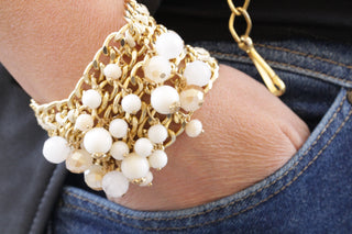 WHITE BEADS BRACELET Set, Chunky Gold With White Dangles Beads bracelet, Statement Gold Bracelet Stack, Gold Plated Stacked Chains Bracelet