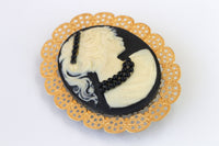 BLACK CAMEO BROOCH, Scarff Cameo Brooch, Gold Black Cameo Brooch, Lady Brooches, Oval Cameo Brooch ,Coat Brooch,Jacket Statement Brooch Gift