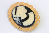 BLACK CAMEO BROOCH, Scarff Cameo Brooch, Gold Black Cameo Brooch, Lady Brooches, Oval Cameo Brooch ,Coat Brooch,Jacket Statement Brooch Gift