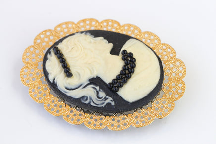 BLACK CAMEO BROOCH, Scarff Cameo Brooch, Gold Black Cameo Brooch, Lady Brooches, Oval Cameo Brooch ,Coat Brooch,Jacket Statement Brooch Gift