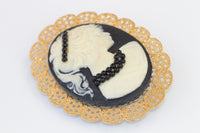 BLACK CAMEO BROOCH, Scarff Cameo Brooch, Gold Black Cameo Brooch, Lady Brooches, Oval Cameo Brooch ,Coat Brooch,Jacket Statement Brooch Gift