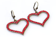 RED RUBY Heart Shaped Earrings, Heart-shaped Rebeka Earrings, Brass Earrings, Vintage Style Jewelry, Valentines Day Idea Gift For Wife