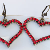 RED RUBY Heart Shaped Earrings, Heart-shaped Rebeka Earrings, Brass Earrings, Vintage Style Jewelry, Valentines Day Idea Gift For Wife