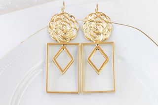 GOLD STATEMENT EARRINGS, Flowers Earrings, Geometric Earrings,  Drop Long Earrings, Bridal Gold Earrings, Ook Earrings, Square Earrings Gift