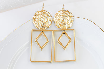 GOLD STATEMENT EARRINGS, Flowers Earrings, Geometric Earrings,  Drop Long Earrings, Bridal Gold Earrings, Ook Earrings, Square Earrings Gift