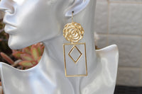 GOLD STATEMENT EARRINGS, Flowers Earrings, Geometric Earrings,  Drop Long Earrings, Bridal Gold Earrings, Ook Earrings, Square Earrings Gift