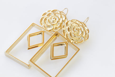 GOLD STATEMENT EARRINGS, Flowers Earrings, Geometric Earrings,  Drop Long Earrings, Bridal Gold Earrings, Ook Earrings, Square Earrings Gift