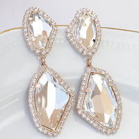 CRYSTAL CHANDELIER earrings, Rose Gold Earrings, Asymmetric Rebeka Earrings, Unique Bridal earrings, Bride earrings, Long Pave earrings
