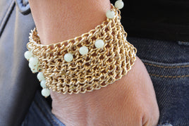 MINT BEADS BRACELET Set, Chunky Gold With Light Green Dangles Beads bracelet, Statement Gold Bracelet Stack, Gold Plated Stacked Bracelet