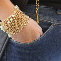 MINT BEADS BRACELET Set, Chunky Gold With Light Green Dangles Beads bracelet, Statement Gold Bracelet Stack, Gold Plated Stacked Bracelet