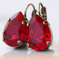 RED DROP earrings, Bridesmaid Dark Red Siam Earrings, Vintage Brass Earrings, Teardrop Earring, Rebeka Wedding Jewelry, Bordeaux Earrings