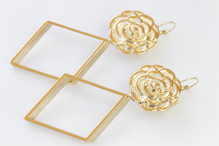 GOLD STATEMENT EARRINGS, Flowers Earrings, Geometric Earrings, Very Long Earrings, Bridal Gold Earrings, Ook Earrings, Oversized Earrings