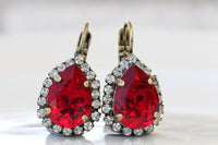 RED RUBY EARRINGS, Red Rebeka Earrings, Teardrop Ruby Drop Earrings, Antique Style Red Ruby Crystal Earrings, Bridal Red Custom Jewelry