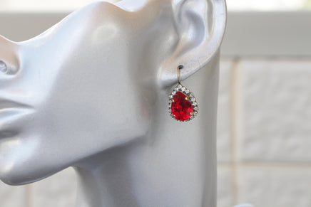 RED RUBY EARRINGS, Red Rebeka Earrings, Teardrop Ruby Drop Earrings, Antique Style Red Ruby Crystal Earrings, Bridal Red Custom Jewelry