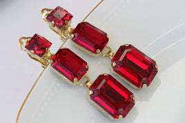 RED DROP EARRINGS, Simple Earrings,  Crystals Square Earrings, Bridal Red Earrings, Red Ruby Crystals Gold Earrings,Wedding Long Earring