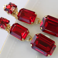 RED DROP EARRINGS, Simple Earrings,  Crystals Square Earrings, Bridal Red Earrings, Red Ruby Crystals Gold Earrings,Wedding Long Earring