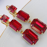 RED DROP EARRINGS, Simple Earrings,  Crystals Square Earrings, Bridal Red Earrings, Red Ruby Crystals Gold Earrings,Wedding Long Earring