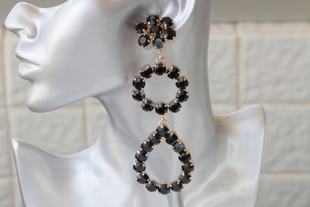 VERY LONG BLACK Earrings, Shoulder Dusters Earrings, Cocktail Earrings,Black Dress Evening Earrings, Big Jewelry,Statement Black Rose Gold