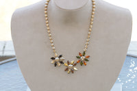 FLOWERS NECKLACE, Topaz Crystal Necklace,  Formal Necklace, Bridal Statement Necklace, Multi colors Necklace,Champagne Orange Green Necklace