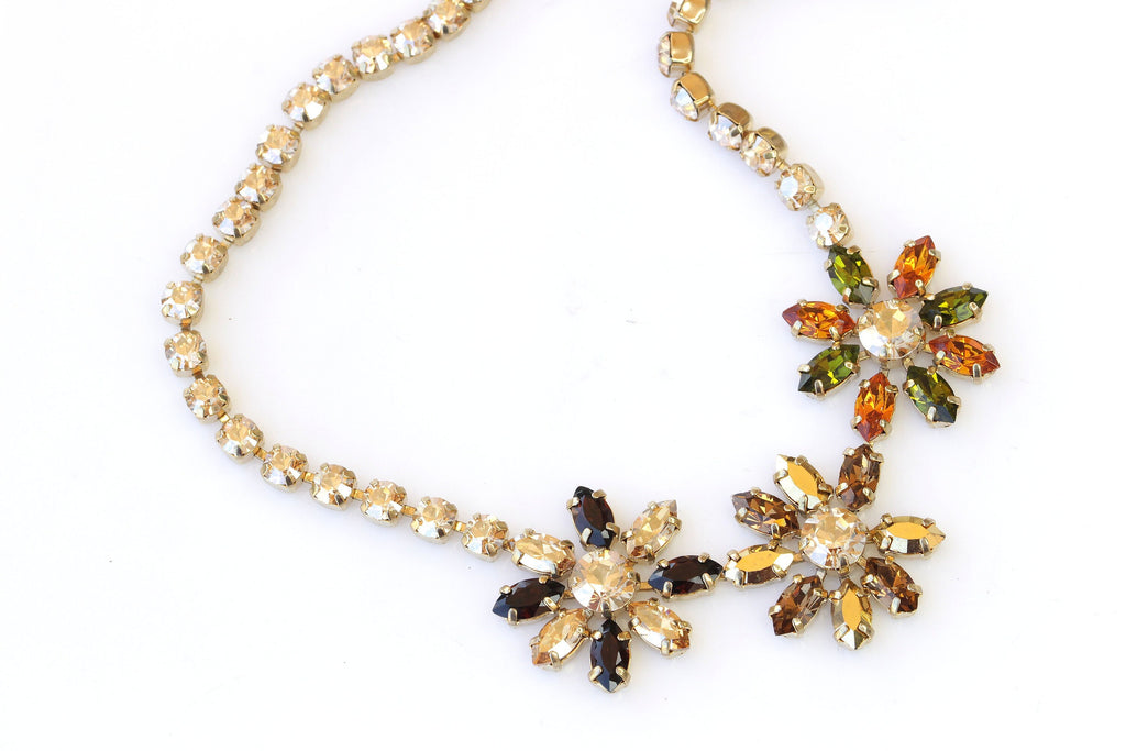 FLOWERS NECKLACE, Topaz Crystal Necklace,  Formal Necklace, Bridal Statement Necklace, Multi colors Necklace,Champagne Orange Green Necklace