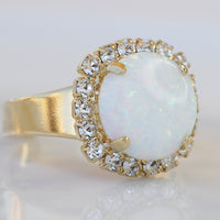 White Opal Gold Ring, Gemstone ring, Circle Opal Ring, October Birthstone, Mothers Adjustable Ring, White Opal jewelry, Opal Crystals Ring