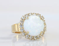 White Opal Gold Ring, Gemstone ring, Circle Opal Ring, October Birthstone, Mothers Adjustable Ring, White Opal jewelry, Opal Crystals Ring