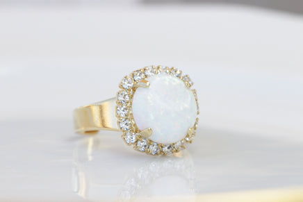 White Opal Gold Ring, Gemstone ring, Circle Opal Ring, October Birthstone, Mothers Adjustable Ring, White Opal jewelry, Opal Crystals Ring