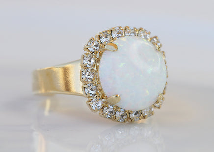 White Opal Gold Ring, Gemstone ring, Circle Opal Ring, October Birthstone, Mothers Adjustable Ring, White Opal jewelry, Opal Crystals Ring