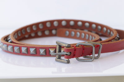 RED Leather belt, Metal Studs Leather belt, Dainty leather belt, Thin leather belt for women, Skinny Red leather belt, Narrow leather belt