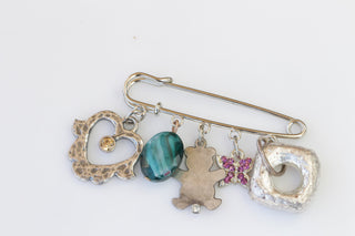 HEART BABY CARRIAGE Pin, gift Idea for New Mother, Hamsa Baby brooch , Dangles Charms Brooch to Baby Carriage, Silver Carriage Safe Pin,