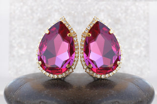 HOT PINK Earrings, Large Stud Earrings, Teardrop Earrings, FUCHSIA Crystal Earrings, Dark Pink Custom Earrings, Pink Statement Big Earring