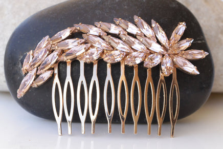 BLUSH PINK HAIR Comb, Bridal Hair Comb, Statement Hair Comb, Crystal , Leaves Hair Comb, Morganite crystals Wedding Hair Accessories, Prom