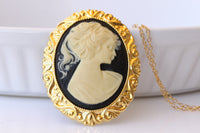 BLACK CAMEO BROOCH,  Cameo Pendant Brooch, Gold Black Cameo Brooch, Lady Brooches, Antique Cameo Brooch ,Grandmother Statement Brooch Gift