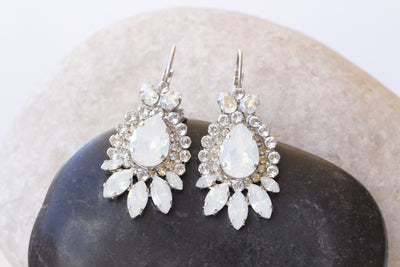 OPAL BRIDAL EARRINGS, White Opal Bridal Earrings, Drop Earrings, Long Leverback Earrings, Jewelry For Bride, Crystal Wedding Jewelry Gift