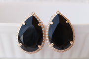 BLACK Earrings, Large Stud Earrings, Teardrop Earrings, Jet Black Crystal Earrings, Clip On Or Pierced Custom Earrings,Statement Big Earring