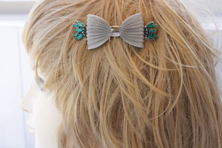 BOW COMB HAIR, Emerald Green Comb hair, Bridal Hair Jewelry, Silver Comb Hair, Extra Large Comb Hair, Hair Ornament ,Wedding Comb Hair Veil