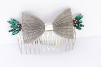 BOW COMB HAIR, Emerald Green Comb hair, Bridal Hair Jewelry, Silver Comb Hair, Extra Large Comb Hair, Hair Ornament ,Wedding Comb Hair Veil