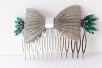 BOW COMB HAIR, Emerald Green Comb hair, Bridal Hair Jewelry, Silver Comb Hair, Extra Large Comb Hair, Hair Ornament ,Wedding Comb Hair Veil