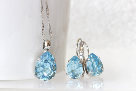 AQUAMARINE EARRINGS, Teardrop Simple Earrings, March Birthstone Jewelry, Bridal Light Blue Earrings And Necklace For Wedding, Jewelry set