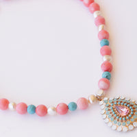 PINK CORAL NECKLACE, Beaded necklace, Anniversary Necklace, Coral Turquoise Opal Necklace, Boho Bridal Necklace, Coral And Pearl Necklace