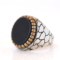 BLACK STONE RING, Men Signet Ring, Mixed Metals Ring, Texture Ring, Big Signet Ring, Seal Ring, Art Deco Ring, Oval Flat Ring, Husband Gift