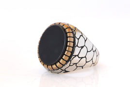 BLACK STONE RING, Men Signet Ring, Mixed Metals Ring, Texture Ring, Big Signet Ring, Seal Ring, Art Deco Ring, Oval Flat Ring, Husband Gift