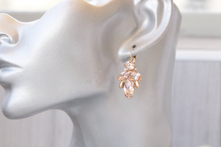 BLUSH BRIDAL EARRINGS, Art Deco Wedding Earrings, Light Pink Bridal Earrings,Rose Gold morganite crystal, Drop Cluster Elegant Earrings Gift