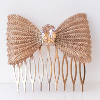 ROSE GOLD Comb Hair, Morganite Crystal Hair Comb, Blush Bow headpiece, Small Hair Accessories, Wedding Hair Veil Jewelry,  For Brides Gift