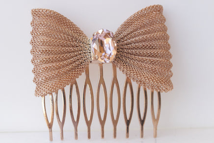 ROSE GOLD Comb Hair, Morganite Crystal Hair Comb, Blush Bow headpiece, Small Hair Accessories, Wedding Hair Veil Jewelry,  For Brides Gift